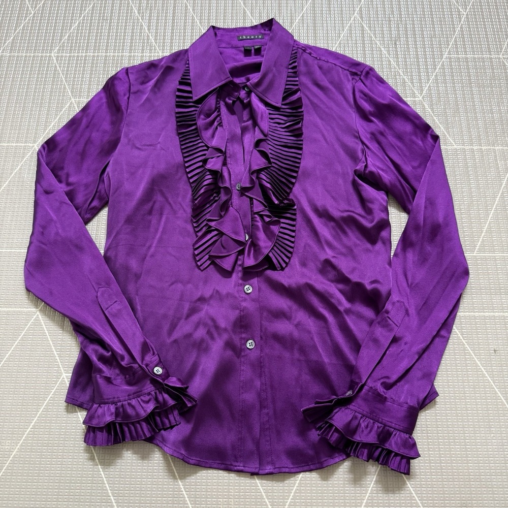 Theory Sandor Button Down Blouse M Purple Ruffle Collar Stretch Silk Career